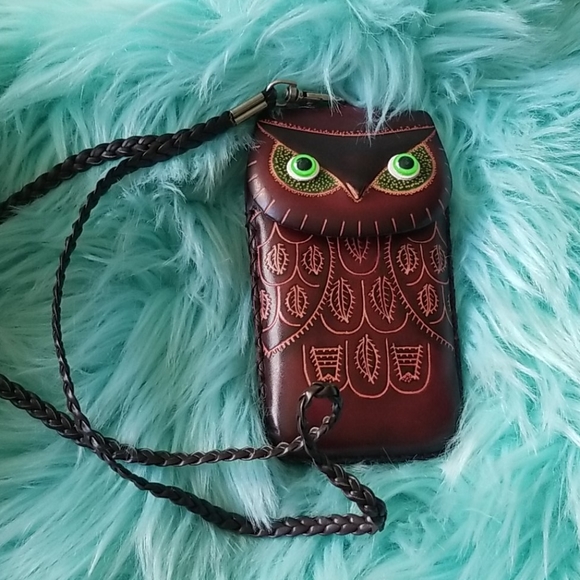 SOLD Leather Tooled Owl Case with Lanyard - Picture 1 of 7